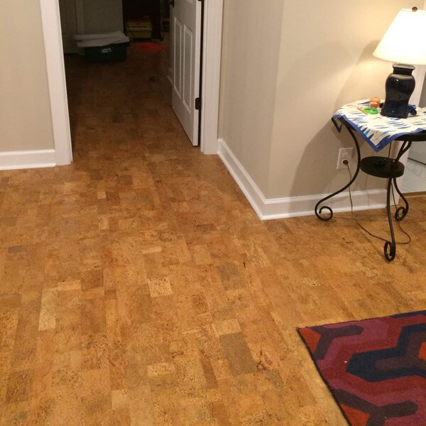 Floating cork floor installed in a sitting room, Harmony pattern
